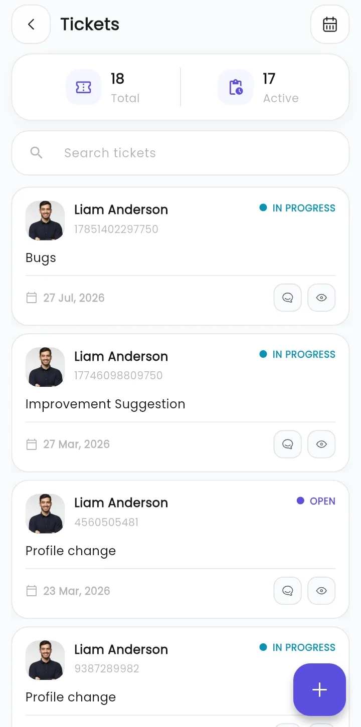 WibesHR Employee Self-Service mobile app showing support tickets