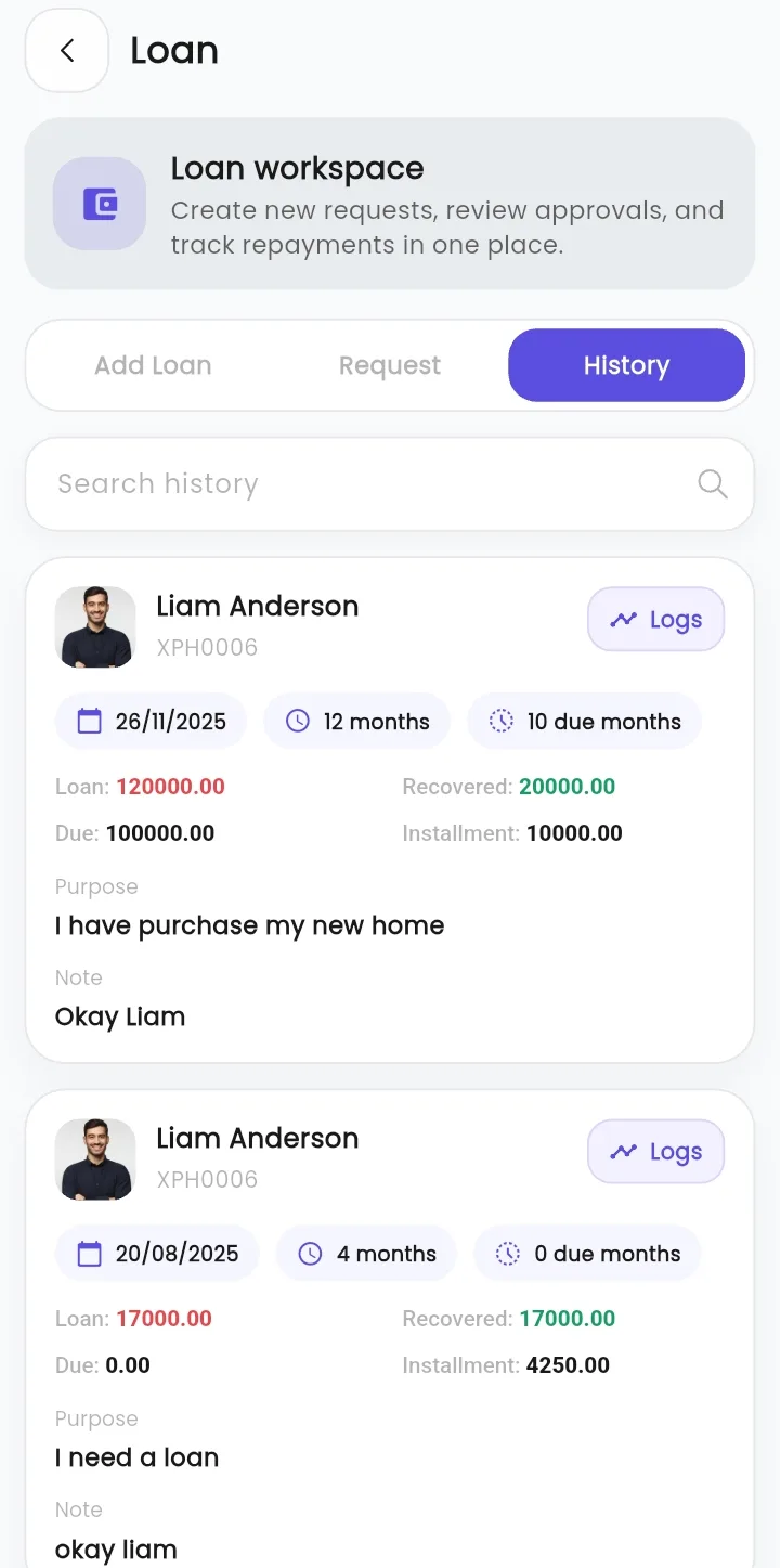 WibesHR Employee Self-Service mobile app showing loan and asset management