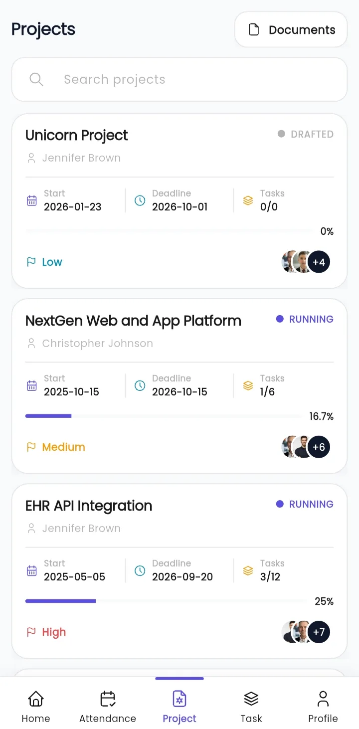 WibesHR Project Management mobile application showing project list