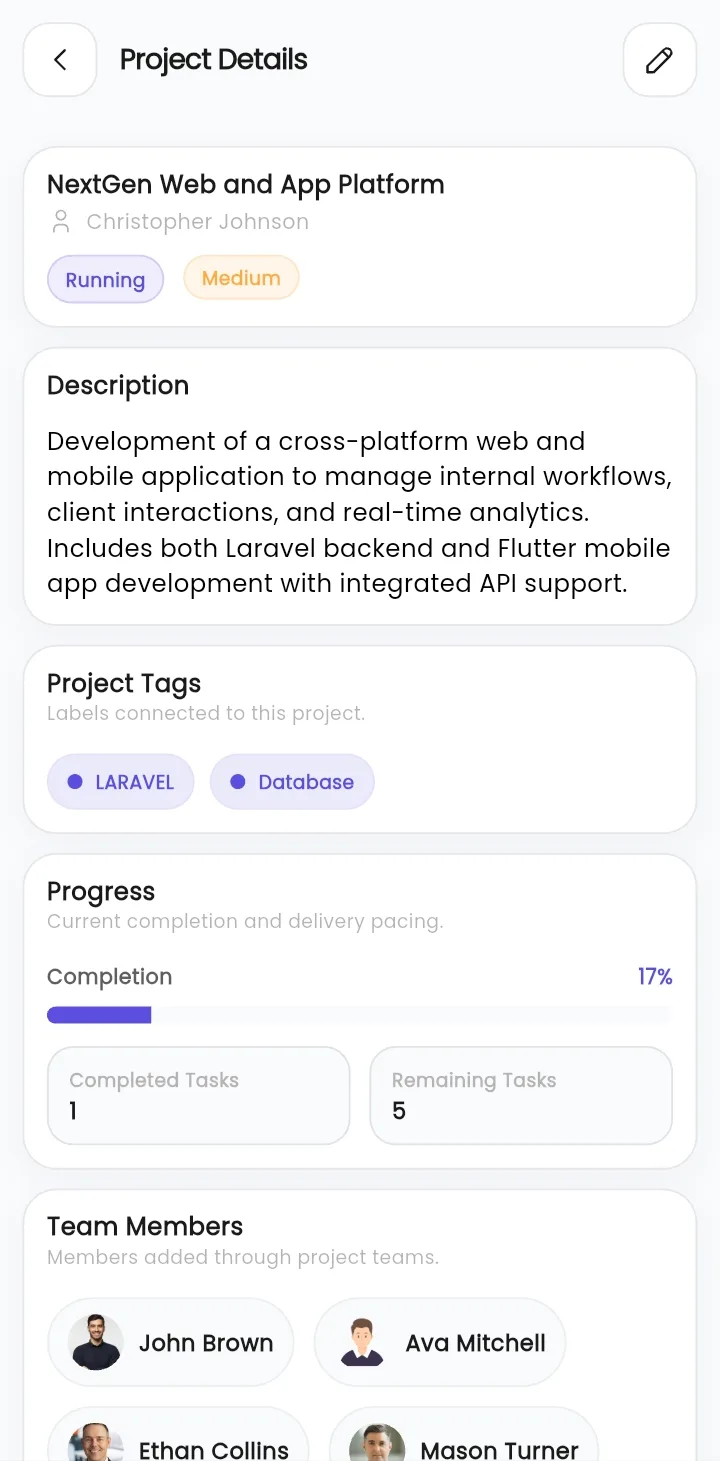WibesHR Project Details screen with progress tracking and team collaboration