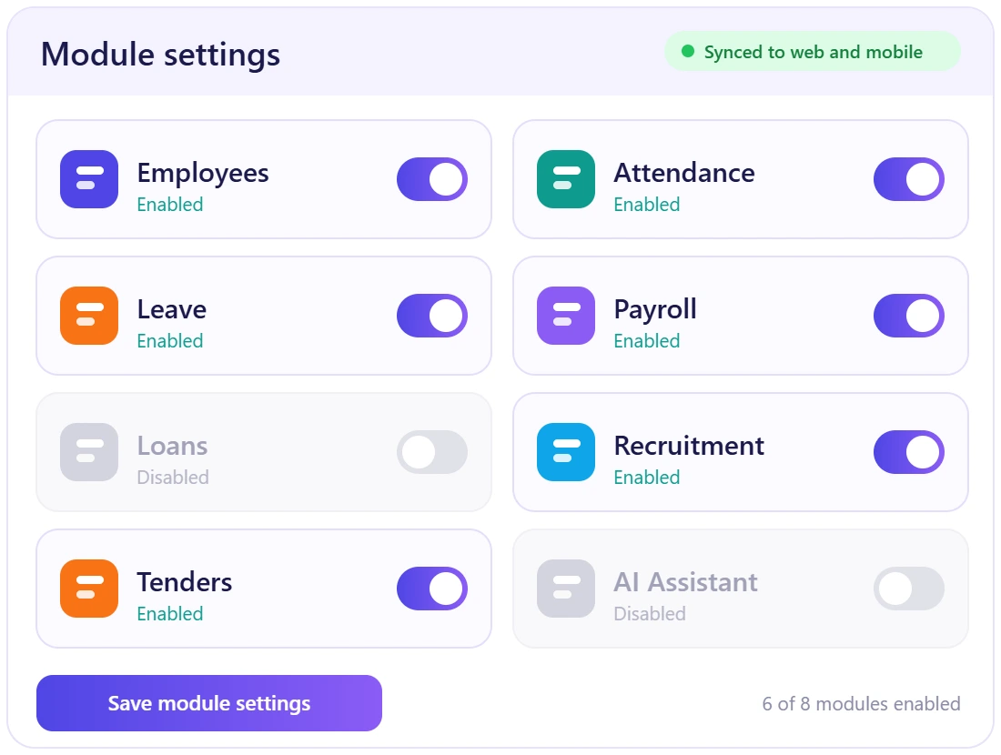 WibesHR module settings with on and off toggles for each business module