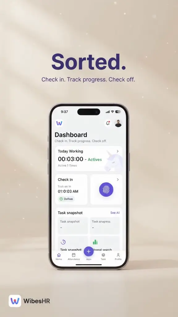 WibesHR HR and Payroll mobile app showing the employee workday